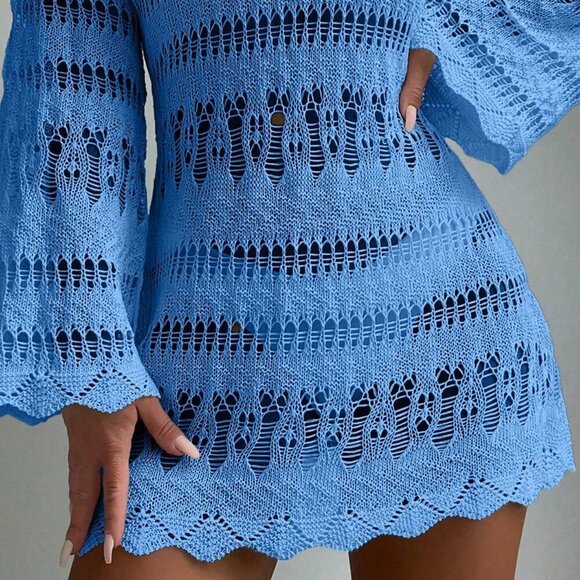 Blue Boho Womens Beach Hollow Out Scallop Trim Cover Up Dress Without Bikini Set - Picture 4 of 4